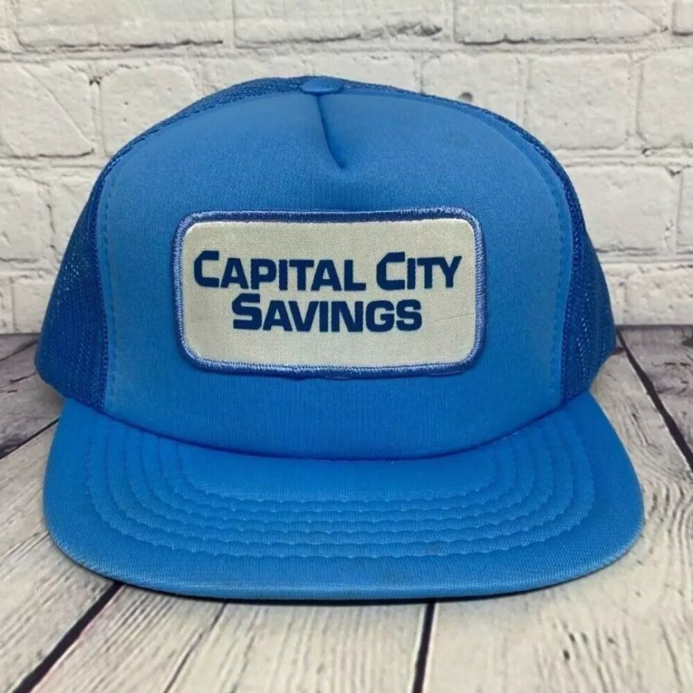 Vintage Capital City Savings Trucker Hat Mesh Cap Patch Logo Snapback Light Blue